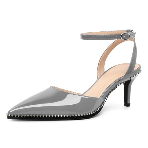 AUMOTED Damen Pumps mit Spitzer Zehenpartie und Kitten Heels Elegante Niedrigem Absatz und Fesselriemchen Lässige Perlenverzierung Grau EU36 von AUMOTED