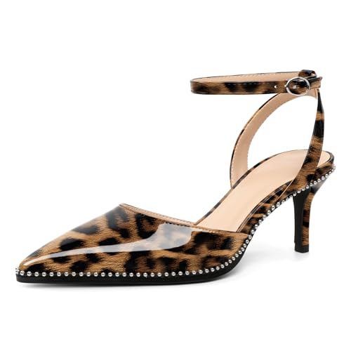 AUMOTED Damen Schuhe mit Niedrigem Absatz Kitten Heels Spitze Pumps mit Fesselriemchen für Hochzeitsfeiern mit Perlen Verziert Leopard EU35 von AUMOTED