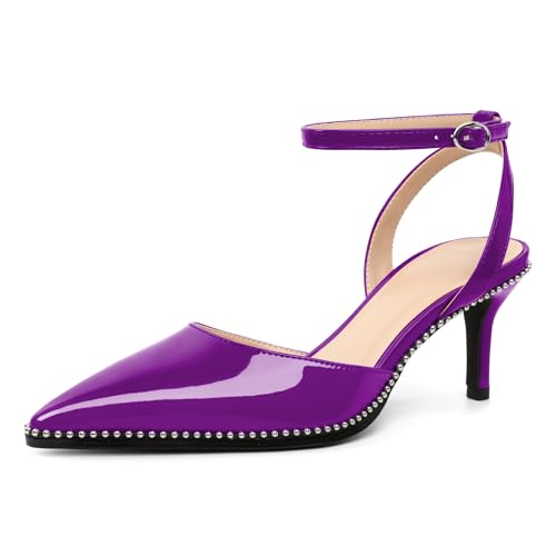AUMOTED Damen Schuhe mit Niedrigem Absatz Kitten Heels Spitze Pumps mit Fesselriemchen für Hochzeitsfeiern mit Perlen Verziert Lila EU35 von AUMOTED