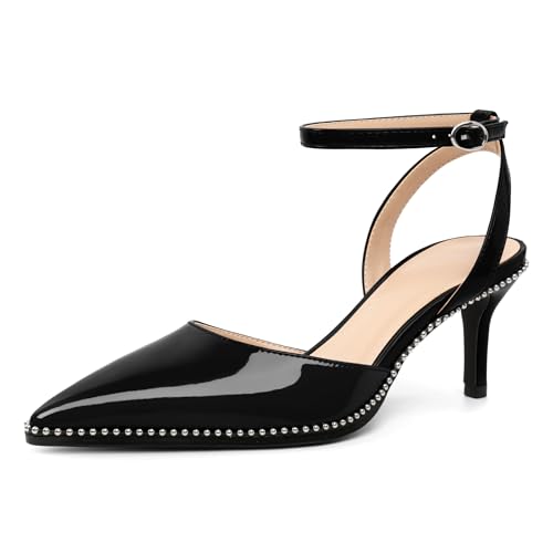 AUMOTED Damen Schuhe mit Niedrigem Absatz Kitten Heels Spitze Pumps mit Fesselriemchen für Hochzeitsfeiern mit Perlen Verziert Schwarz EU35 von AUMOTED