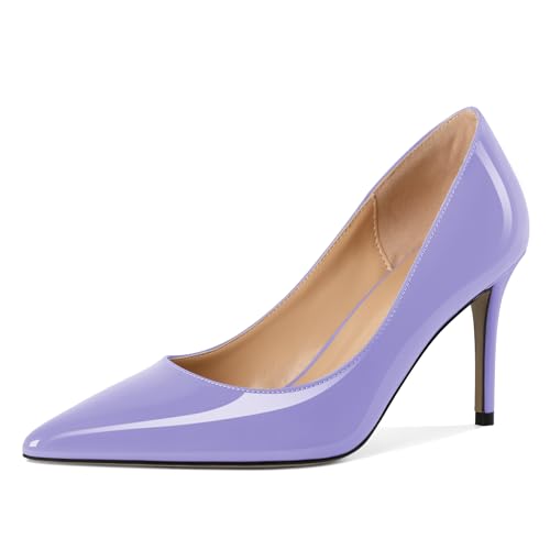 AUMOTED Damen Stiletto Heels Spitz Toe Pumps Slip-on Heels Einfache Klassische Dressy Heels für Date Event 3.4" Hellviolett Lackleder EU38 von AUMOTED