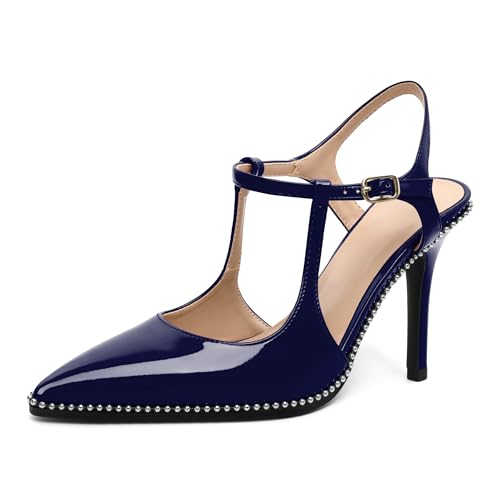 AUMOTED Damenschuhe mit Hohen Absätzen Geschlossene Pumps mit Spitze Zehenpartie Stiletto Absatz Pumps mit Perlenverzierung Lackleder Marineblau Elegante Schuhe EU35 von AUMOTED