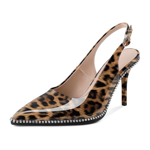 AUMOTED Frauen Beaded Spitz Toe Heels Slingback Schuhe Stilettos High Heel Strass Pumps Event Party Kleid Schuhe Leopard Lackleder EU41 von AUMOTED
