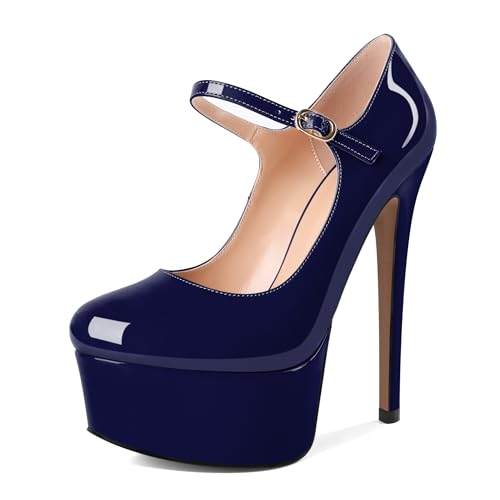 AUMOTED Frauen Hochhackige Pumps für Frauen Komfortable Runde Zehenpumps Blockabsätze Stöckelschuhe Lackleder Marineblau 5.9 Zoll von AUMOTED