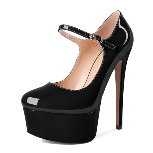 AUMOTED Frauen Hochhackige Pumps für Frauen Komfortable Runde Zehenpumps Blockabsätze Stöckelschuhe Lackleder Schwarz 5.9 Zoll von AUMOTED