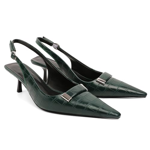 AUMOTED Frauen Kätzchen Pumps Low Heel Pointed Toe Schuhe Damen Slingback Sandalen Klassische Dressy Schuhe für Event Party Grün Krokodilleder EU40 von AUMOTED