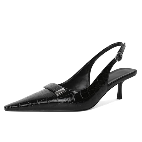 AUMOTED Frauen Kätzchen Pumps Low Heel Pointed Toe Schuhe Damen Slingback Sandalen Klassische Dressy Schuhe für Event Party Schwarz Krokodilleder EU40 von AUMOTED