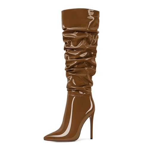 AUMOTED Frauen Kniehohe Stiefel Stiletto Heels Pointed Toe Frauen Hoher Absatz Seitenreißverschluss Lange Slouch Stiefel Komfort Lackleder Braun EU40 von AUMOTED