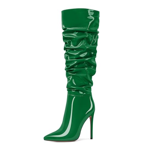 AUMOTED Frauen Kniehohe Stiefel Stiletto Heels Pointed Toe Frauen Hoher Absatz Seitenreißverschluss Lange Slouch Stiefel Komfort Lackleder Grün EU40 von AUMOTED