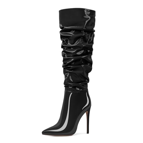 AUMOTED Frauen Kniehohe Stiefel Stiletto Heels Pointed Toe Frauen Hoher Absatz Seitenreißverschluss Lange Slouch Stiefel Komfort Lackleder Schwarz EU40 von AUMOTED