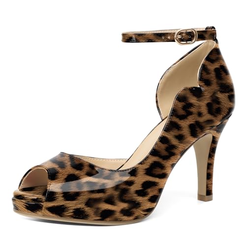 AUMOTED Frauen Peep Toe Heels Komfort High Heel Pumps Plateauschuhe für Hochzeit Casual Mode Stiletto Absatz Lackleder Leopard EU35 von AUMOTED