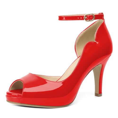 AUMOTED Frauen Peep Toe Heels Komfort High Heel Pumps Plateauschuhe für Hochzeit Casual Mode Stiletto Absatz Lackleder Rot EU35 von AUMOTED