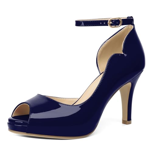 AUMOTED Frauen Peep Toe Heels Vintage Stiletto Heel Bequeme Plateauschuhe für die Arbeit High Heels für Partys Elegante Lackleder Marineblau EU39 von AUMOTED
