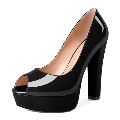 AUMOTED Frauen Plattform High Heels Offene Zehenabsätze Chunky Block Heels Dressy Pumps für Datum Veranstaltung 5,5" Black Lackleder EU38 von AUMOTED