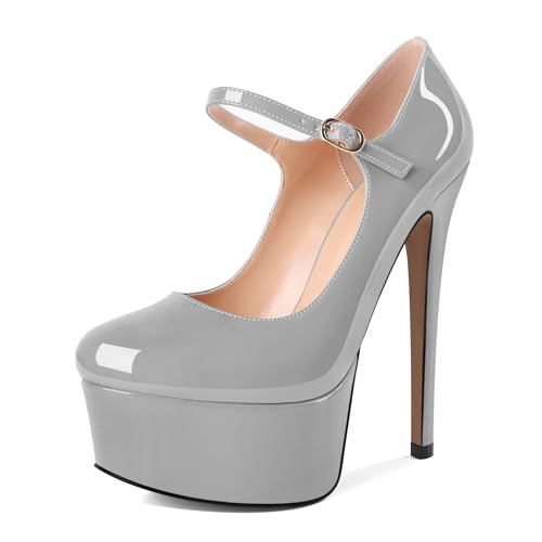 AUMOTED Frauen Runde Zehenpumps für Meeting Jahrgang Stöckelschuhe Blockabsätze Plateau Absätze Lackleder Grau 5.9 Zoll von AUMOTED