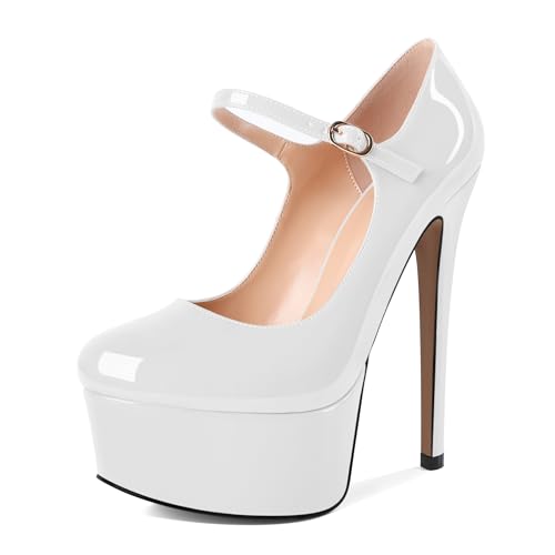AUMOTED Frauen Runde Zehenpumps für lässige Stöckelschuhe Blockabsätze Komfortable Hochhackige Pumps Weiß Lackleder 5.9 Zoll von AUMOTED