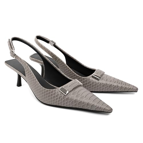 AUMOTED Frauen Slingback Sandalen Low Heel Pumps Spitz Toe Kitten Schuhe Low Metal Schnalle Heels Event Party Graue Kleid Schuhe Schlangenprint EU42 von AUMOTED