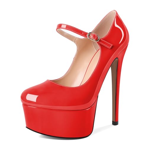 AUMOTED Frauen Stöckelschuhe für Hochzeit Runde Zehenpumps Modisch Hochhackige Pumps für Frauen Komfortable Blockabsätze Lackleder Rot 5.9 Zoll von AUMOTED