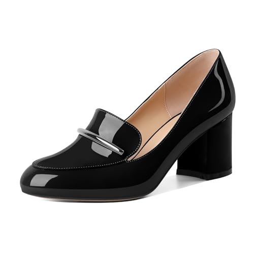 AUMOTED Freizeitschuhe für Frauen Klobiger Absatz Hochhackige Loafer für Frauen Runde Zehenabsätze Schwarz Lackleder 2,5 Zoll von AUMOTED