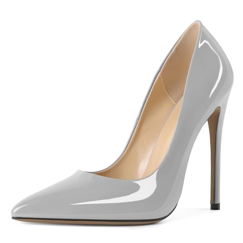 AUMOTED Grau Spitze Zehenabsätze Stiletto Absatz Pumps für Frauen Classic Slip-on für Hochzeit 4.7 Zoll Lackleder EU44 von AUMOTED