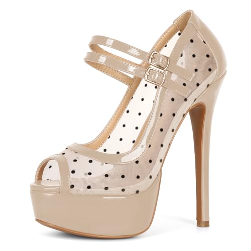 AUMOTED High Heels Pumps für Frauen Peep Toe Heels Mesh Heel Stiletto Heels 5,5 Zoll für Party Hochzeit Mesh Beige Polka Dot Lackleder EU36 von AUMOTED