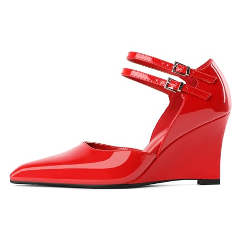 AUMOTED High Heels Pumps für Frauen Pump mit Spitzer Zehenpartie Elegante Pumpen mit Keilabsatz für den Arbeitsalltag Mary Jane Heels 8,5 cm Rot Lackleder EU39 von AUMOTED