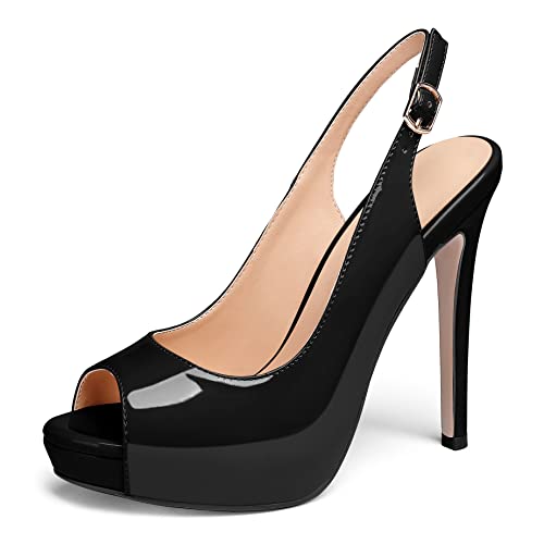 AUMOTED High Heels für Frauen Plateauabsätze Vintage Slingback Absätze Elegante Peep Toe Absätze für das Abendessen Lackleder Schwarz 4,7 Zoll EU38 von AUMOTED