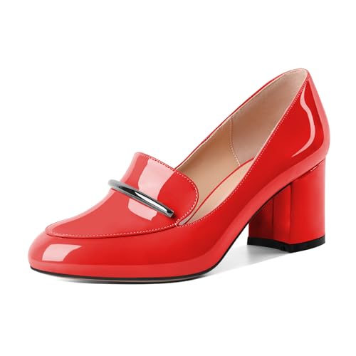 AUMOTED Hochhackige Loafer Runde Zehe Fersen Klotzige Ferse für Frauen Bequemer Slip-On Elegante Pumps für Frauen Rot Lackleder 2.5 Zoll von AUMOTED