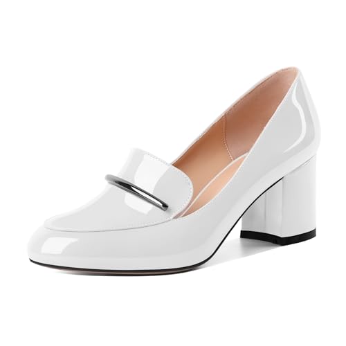 AUMOTED Hochhackige Loafer Runde Zehe Fersen Klotzige Ferse für Frauen Bequemer Slip-On Elegante Pumps für Frauen Weiß Lackleder 2.5 Zoll von AUMOTED