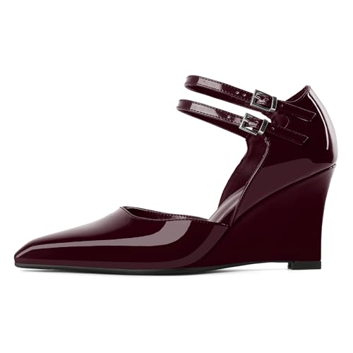 AUMOTED Keilabsatz Pumps High Heel Pump für Freizeit Pumpen mit Spitzer Zehenpartie und Metallschnalle Mary Jane Absatzschuhe 3,4 Zoll Büro Alltag Lackleder Burgundisch EU41 von AUMOTED