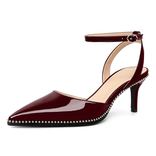 AUMOTED Kitten Heel Pumps mit Spitzer Zehenpartie Bequemen Perlen-Absätzen und Modischen Niedrigen Absätzen mit Fesselriemchen in Schwarz für Meetings EU42 von AUMOTED