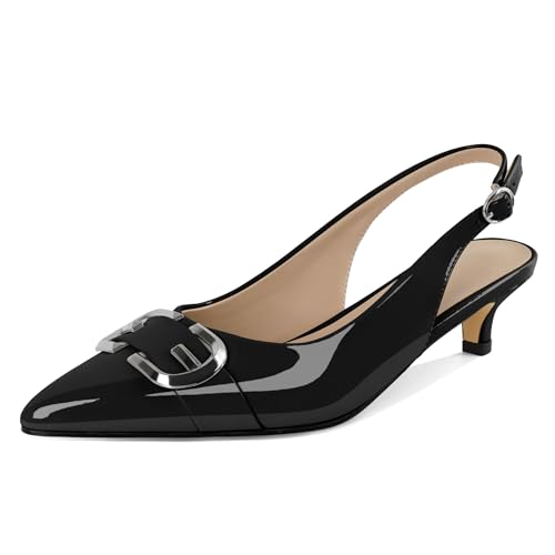 AUMOTED Kitten Low Heels Slingback Low Heel Pumps mit Spitzer Zehenpartie und Metallschnalle Formelle Freizeit Pumps 1,6 Zoll Schwarz Lackleder EU36 von AUMOTED