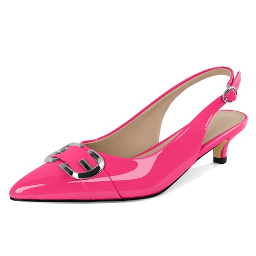 AUMOTED Kitten Low Heels Slingback Low Heels Pumps mit Spitzer Zehenpartie und Metallschnalle Formelle Freizeit Pumps 1,6 Zoll Heißes Rosa Lackleder EU36 von AUMOTED