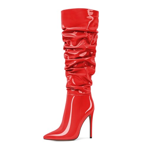 AUMOTED Kniehohe Stiefel Spitze Zehe Booties Stiletto Heel Stretch High Heels Pull On für Hochzeit 4.7 Zoll Slouchy Seite Reißverschluss Lange Stiefel Lackleder Rot EU37 von AUMOTED