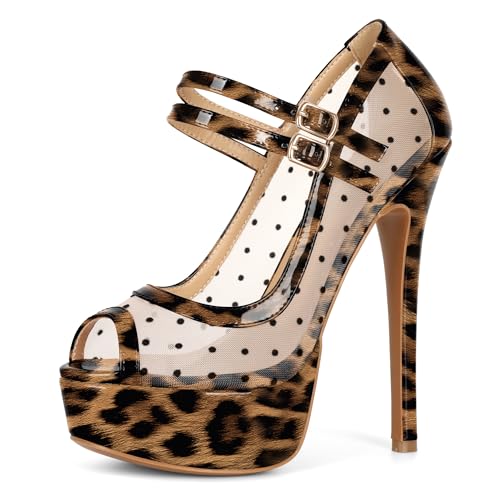 AUMOTED Leopard Pumps Damen Stiletto Absatz Peep Toe Pump für Partys Plateau Elegant 14 cm Mesh Leopard Polka Dot Lackleder EU37 von AUMOTED