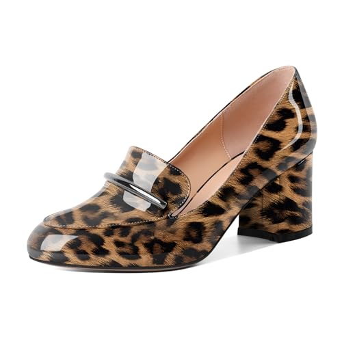 AUMOTED Modisch Freizeitschuhe für Frauen Hochhackige Loafer Runde Zehenabsätze Komfortable Klobiger Absatz Lackleder Leopard 2,5 Zoll von AUMOTED