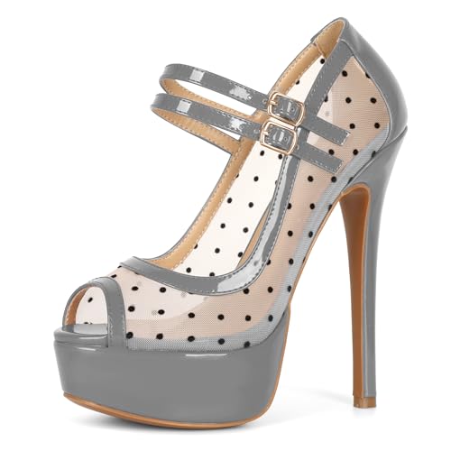 AUMOTED Netz-Absatzschuhe mit Hohem Absatz Pumps für Frauen 5,5 Zoll Peep Toe Absatz Plateauabsatzschuhe für Hochzeiten Lackleder Netz Grau mit Polka Punkten EU44 von AUMOTED