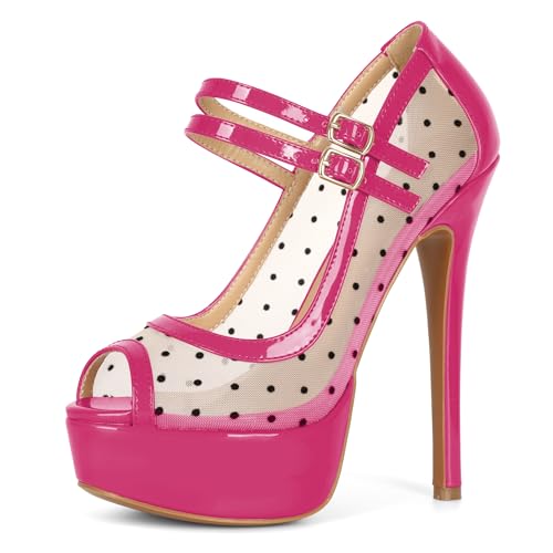 AUMOTED Netz-Absatzschuhe mit Hohem Absatz Pumps für Frauen 5,5 Zoll Peep Toe Absatz Plateauabsatzschuhe für Hochzeiten Lackleder Netz Heißes Rosa mit Polka Punkten EU44 von AUMOTED