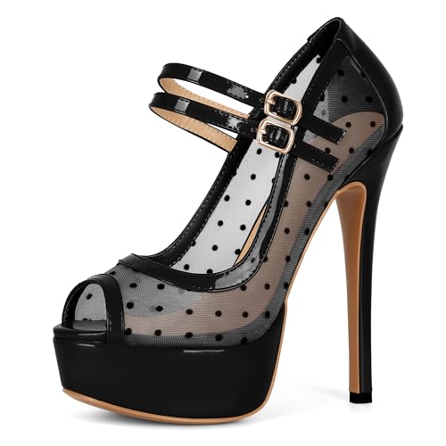 AUMOTED Netz-Absatzschuhe mit Hohem Absatz Pumps für Frauen 5,5 Zoll Peep Toe Absatz Plateauabsatzschuhe für Hochzeiten Lackleder Netz Schwarz mit Polka Punkten EU44 von AUMOTED