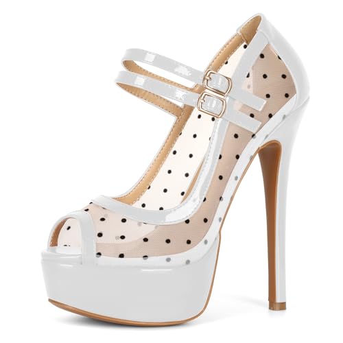 AUMOTED Netz-Absatzschuhe mit Hohem Absatz Pumps für Frauen 5,5 Zoll Peep Toe Absatz Plateauabsatzschuhe für Hochzeiten Lackleder Netz Weiß mit Polka Punkten EU44 von AUMOTED