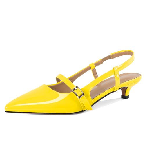 AUMOTED Niedrige Absätze Mary Jane Schuhe Slingback Gelb Kätzchen Frauen Schuhe Büro Kätzchen Absatz 1.4 Zoll Lackleder EU37 von AUMOTED