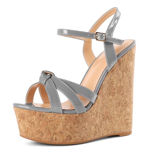 AUMOTED Offene Zehen-Heels für Frauen Modische Keilabsatz-Sandalen Elegante Plateau-Heels High-Heel-Sandalen mit Fesselriemchen für Freizeit Lackleder Grau 5,9 Zoll EU35 von AUMOTED