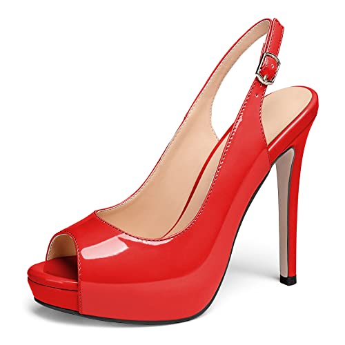 AUMOTED Peep Toe Pumps für Frauen Klassische Stiletto Pump Bequeme Slingback Schuhe Modische High Heel Pumpen Plateau Pumps für das Büro Lackleder Rot 4,7 Zoll EU44 von AUMOTED