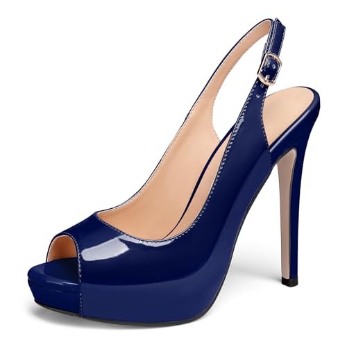 AUMOTED Plateau Schuhe für Frauen Stilvolle High Heels mit Stilettoabsatz Slingback Absatz Bequeme Peep Toe Absatzschuhe für Dates Lackleder Marineblau 4,7 Zoll EU39 von AUMOTED