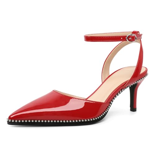 AUMOTED Pumps mit Niedrigem Absatz für Damen Spitze Zehenpartie Modischer Kitten-Absatz Stilvolle Pumps mit Perlenverzierung Rot EU37 von AUMOTED