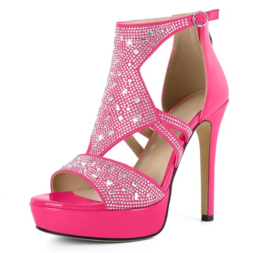 AUMOTED Riemchensandalen mit Absatz Plateausandalen Strassschuhe Vintage Gladiator Heels Sommerabend Sandalen mit Offener Spitze Heißes Rosa 4,9 Zoll EU44 von AUMOTED