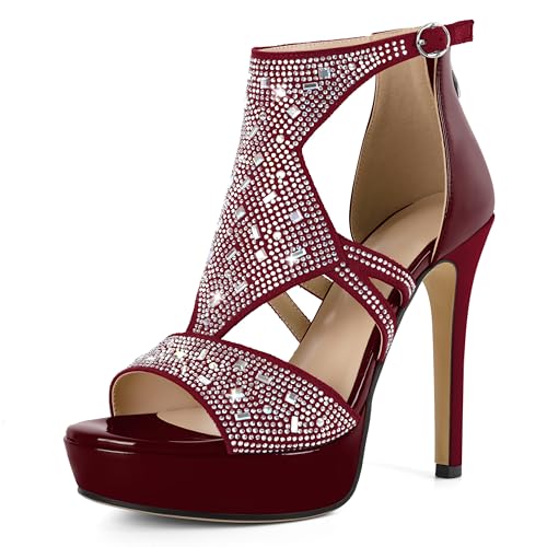 AUMOTED Riemchensandalen mit Absatz für Damen Plateauabsatz Elegante Strassabsätze Party-Gladiator-Sandalen Hochzeit Offene Zehenabsätze Burgundisch 4,9 Zoll EU41 von AUMOTED