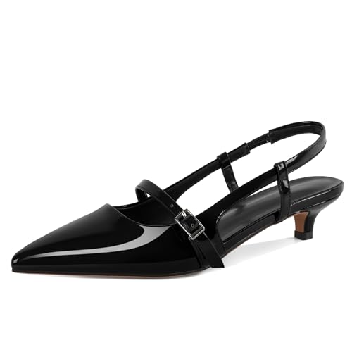 AUMOTED Schwarz Mary Jane Schuhe für Frauen Kätzchen Niedrige Absätze Spitzen Zehen Heels Mode Pumps Slingback Kätzchen Pumps 1.4 Zoll Lackleder EU38 von AUMOTED