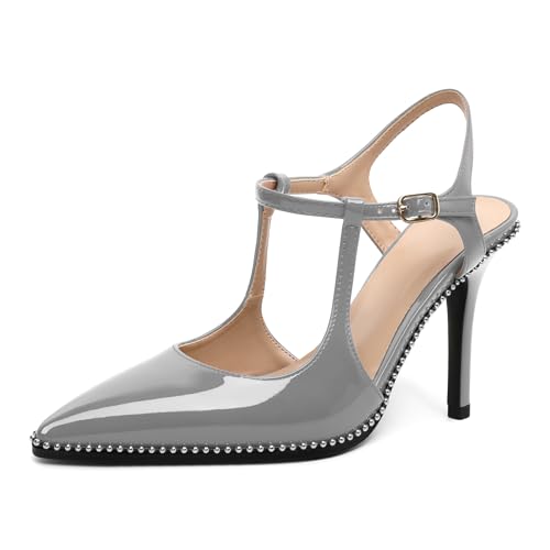 AUMOTED Spitze Pumps Perlenverzierte Schuhe Bequeme Stiletto Absätze Stilvolle High Heels mit Fesselriemchen für Frauen Lackleder Grau EU40 von AUMOTED