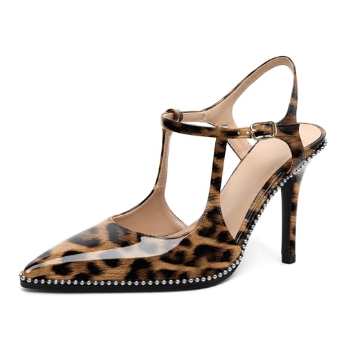 AUMOTED Spitze Pumps mit Perlenverzierung Stiletto Absatz mit Knöchelriemen Bequeme High Heel Schuhe für Einen lässig eleganten Look aus Leopard Lackleder EU37 von AUMOTED